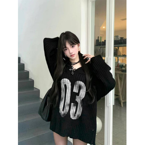 美式辣妹V領露肩毛衣女秋冬寬松慵懶風松弛感套頭長袖針織衫上衣 美式辣妹V領露肩毛衣女秋冬寬松慵懶風松弛感套頭長袖針織衫上衣