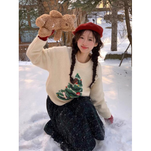 可脫卸立體玩偶聖誕樹毛衣女設計感小衆秋冬慵嬾風寬鬆加厚針織衫