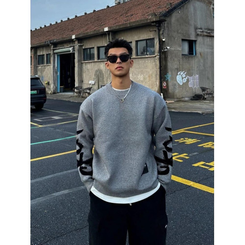 秋冬季重磅針織衫男復古字母圓領毛衣男寬松美式痞帥慵懶情侶上衣