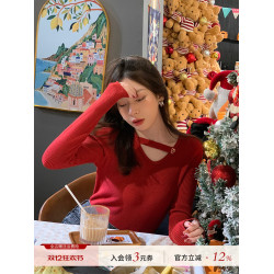 2025新款紅色毛衣女秋冬內搭打底衫設計感羊絨針織衫掛脖別致上衣