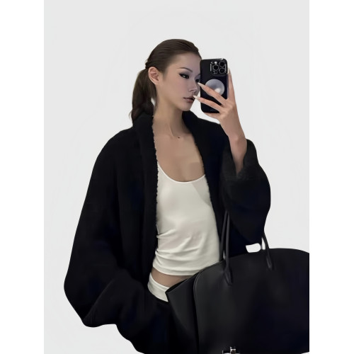 雲朵圈圈紗 黑色蝙蝠袖毛衣女軟糯極簡風寬松慵懶感顯瘦開衫外套