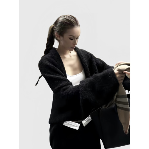 雲朵圈圈紗 黑色蝙蝠袖毛衣女軟糯極簡風寬松慵懶感顯瘦開衫外套