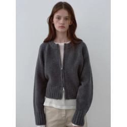 法式復古灰色短款翻領毛衣外套女秋冬洋氣歐貨雙拉鍊針織開衫上衣