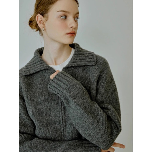 法式復古灰色短款翻領毛衣外套女秋冬洋氣歐貨雙拉鍊針織開衫上衣