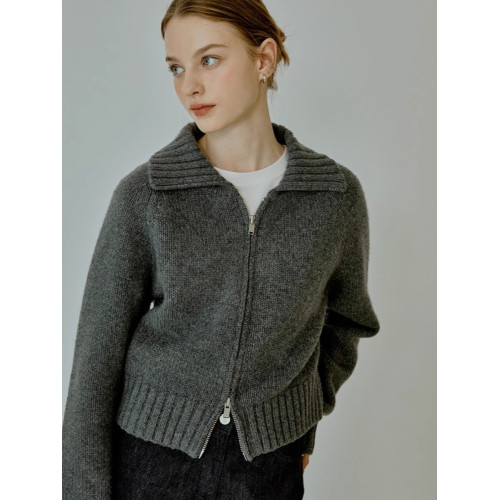 法式復古灰色短款翻領毛衣外套女秋冬洋氣歐貨雙拉鍊針織開衫上衣