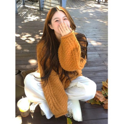 慵懶風南瓜橘色麻花中長款毛衣女秋冬加厚套頭浣熊絨針織上衣外穿