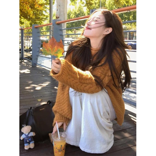 慵懶風南瓜橘色麻花中長款毛衣女秋冬加厚套頭浣熊絨針織上衣外穿