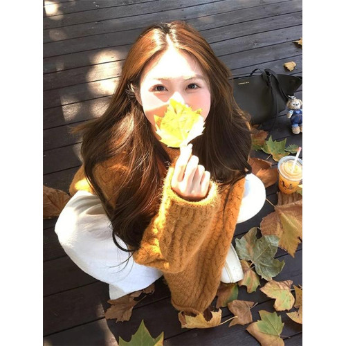 慵懶風南瓜橘色麻花中長款毛衣女秋冬加厚套頭浣熊絨針織上衣外穿