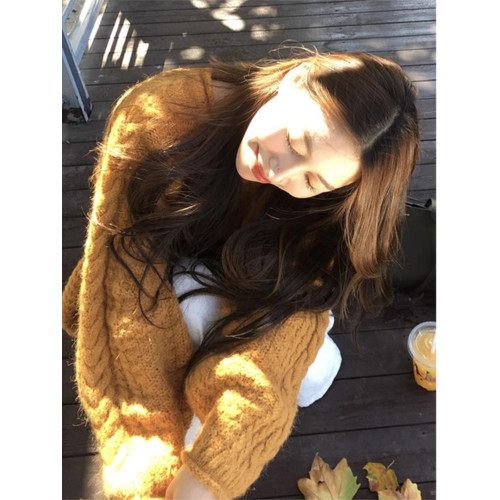 慵懶風南瓜橘色麻花中長款毛衣女秋冬加厚套頭浣熊絨針織上衣外穿