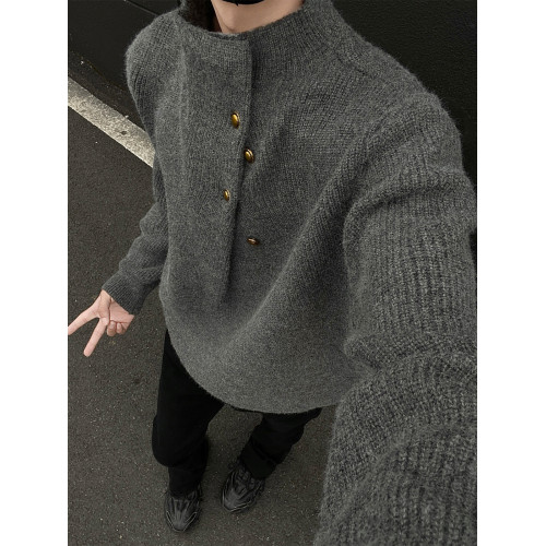 不規則紐釦設計感高領毛衣男韓系潮牌痞帥慵懶oversize針織衫上衣