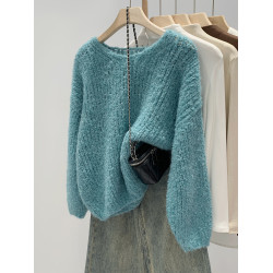 韓系慵懶高級感藍色毛衣V領針織衫女冬季2025新款寬松外穿小上衣