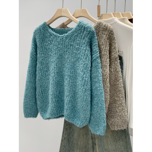 韓系慵懶高級感藍色毛衣V領針織衫女冬季2025新款寬松外穿小上衣