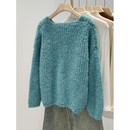 韓系慵懶高級感藍色毛衣V領針織衫女冬季2025新款寬松外穿小上衣