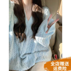 大碼女裝V領藍色加厚麻花毛衣女秋冬寬松外穿慵懶風小衆保暖針織