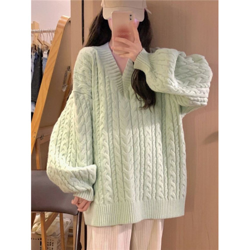 大碼女裝V領藍色加厚麻花毛衣女秋冬寬松外穿慵懶風小衆保暖針織