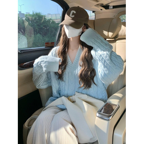 大碼女裝V領藍色加厚麻花毛衣女秋冬寬松外穿慵懶風小衆保暖針織