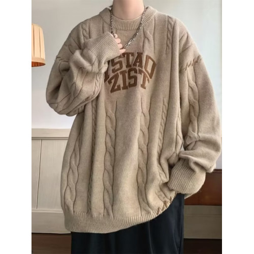 美式慵懶風毛衣男圓領潮流麻花外套秋冬日系高級感復古針織羊毛衫