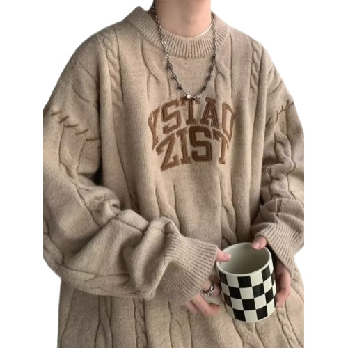 美式慵懶風毛衣男圓領潮流麻花外套秋冬日系高級感復古針織羊毛衫