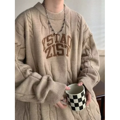 美式慵懶風毛衣男圓領潮流麻花外套秋冬日系高級感復古針織羊毛衫