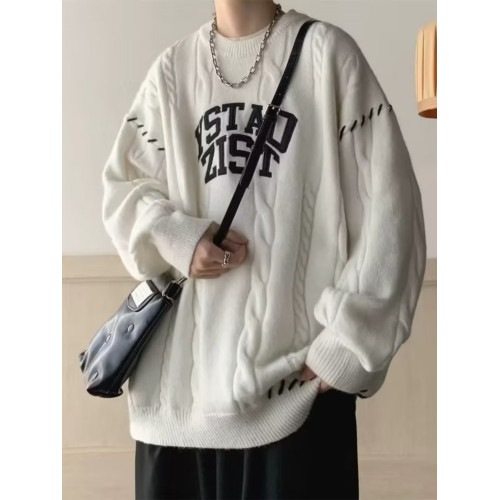 美式慵懶風毛衣男圓領潮流麻花外套秋冬日系高級感復古針織羊毛衫