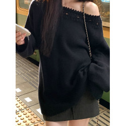 純欲一字領鏤空花邊針織衫秋季2025新款慵懶風寬松顯瘦氣質上衣女