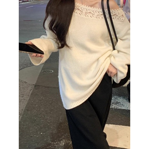 純欲一字領鏤空花邊針織衫秋季2025新款慵懶風寬松顯瘦氣質上衣女