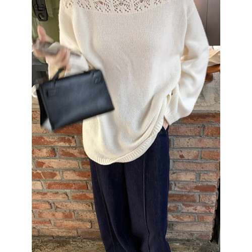 純欲一字領鏤空花邊針織衫秋季2025新款慵懶風寬松顯瘦氣質上衣女