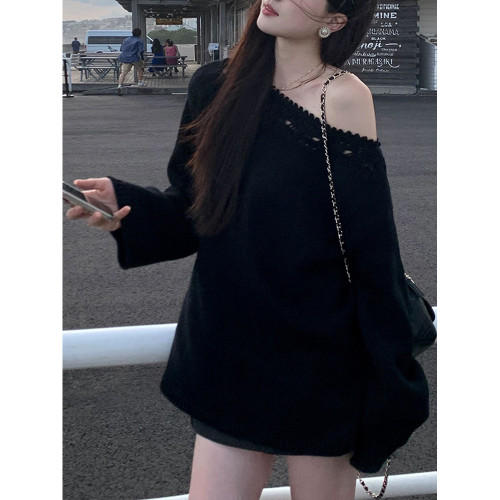 純欲一字領鏤空花邊針織衫秋季2025新款慵懶風寬松顯瘦氣質上衣女