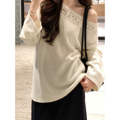 純欲一字領鏤空花邊針織衫秋季2025新款慵懶風寬松顯瘦氣質上衣女