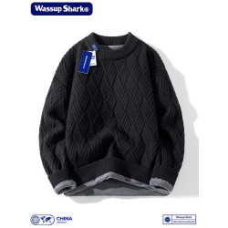 WASSUP SHARK粗麻花編織毛衣男秋冬加絨加厚套頭長袖毛線打底衫男