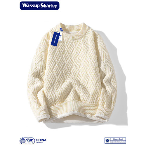 WASSUP SHARK粗麻花編織毛衣男秋冬加絨加厚套頭長袖毛線打底衫男