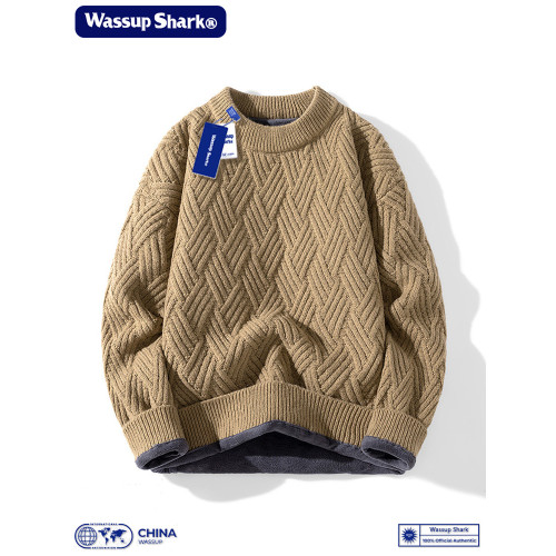 WASSUP SHARK粗麻花編織毛衣男秋冬加絨加厚套頭長袖毛線打底衫男