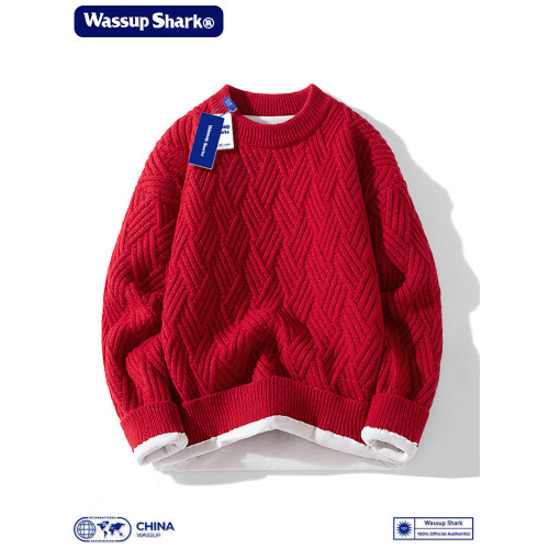 WASSUP SHARK粗麻花編織毛衣男秋冬加絨加厚套頭長袖毛線打底衫男