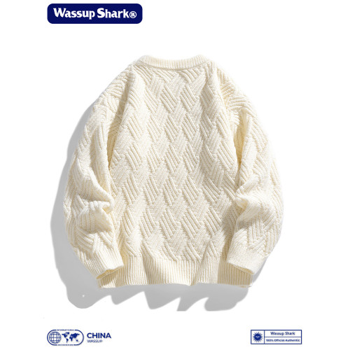 WASSUP SHARK粗麻花編織毛衣男秋冬加絨加厚套頭長袖毛線打底衫男
