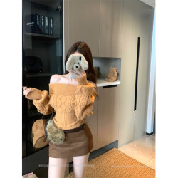 韓系加厚一字領長袖毛衣女秋冬新款氣質性感百搭顯瘦短款針織上衣