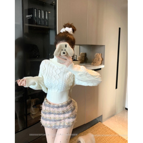 韓系加厚一字領長袖毛衣女秋冬新款氣質性感百搭顯瘦短款針織上衣