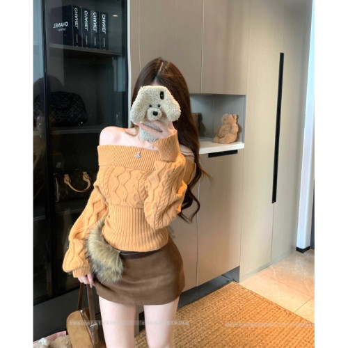 韓系加厚一字領長袖毛衣女秋冬新款氣質性感百搭顯瘦短款針織上衣