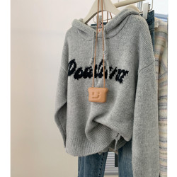 灰色連帽套頭毛衣女秋冬冬季軟糯慵懶風加厚針織衫衛衣外套上衣冬