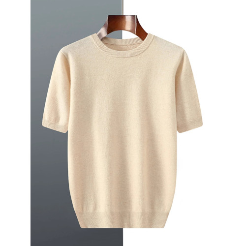 春季男士短袖t恤衫毛衣寬松五分袖針織純色羊毛薄款上衣羊絨半袖