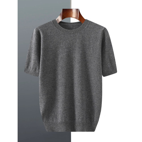 春季男士短袖t恤衫毛衣寬松五分袖針織純色羊毛薄款上衣羊絨半袖