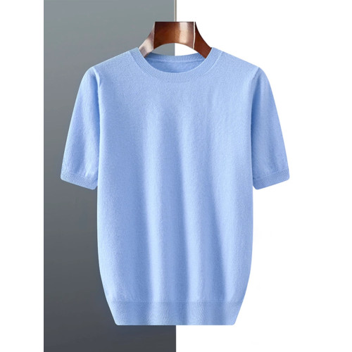 春季男士短袖t恤衫毛衣寬松五分袖針織純色羊毛薄款上衣羊絨半袖