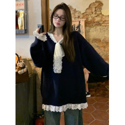 蕾絲拼接假兩件v領針織衫女2025秋季新款寬松慵懶風寬松毛衣軟糯