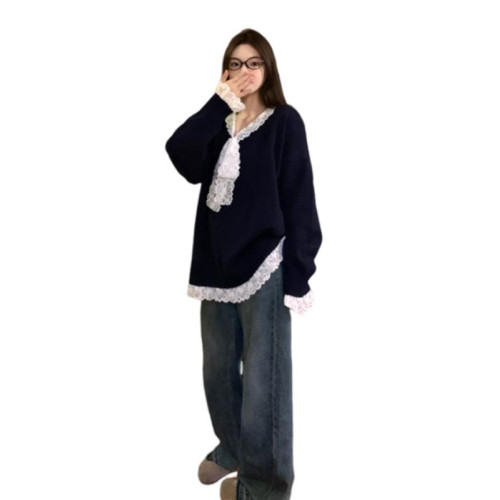 蕾絲拼接假兩件v領針織衫女2025秋季新款寬松慵懶風寬松毛衣軟糯