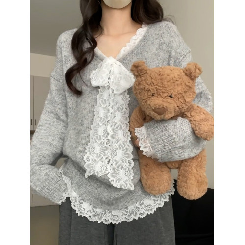 蕾絲拼接假兩件v領針織衫女2025秋季新款寬松慵懶風寬松毛衣軟糯