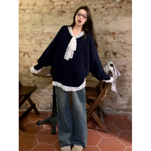 蕾絲拼接假兩件v領針織衫女2025秋季新款寬松慵懶風寬松毛衣軟糯