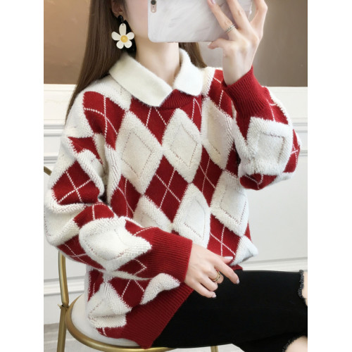 秋季2025新款娃娃領假兩件上衣女士毛衣冬裝加厚爆款內搭新年春節