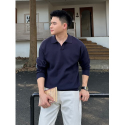 輕熟男士老錢松弛慵懶感紋理翻領針織長袖毛衣秋冬純色POLO衫線衣