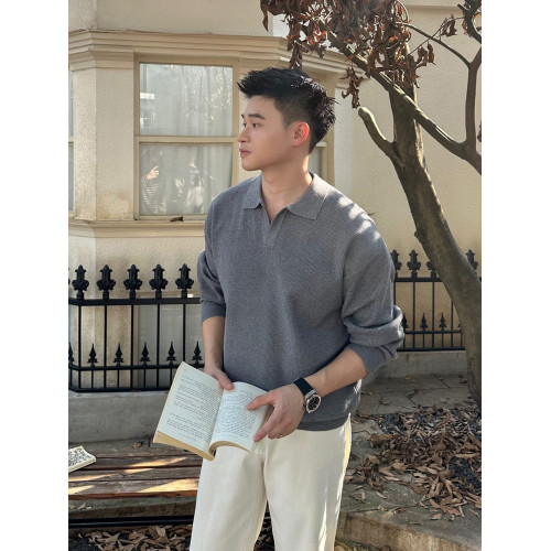 輕熟男士老錢松弛慵懶感紋理翻領針織長袖毛衣秋冬純色POLO衫線衣