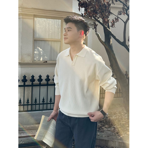 輕熟男士老錢松弛慵懶感紋理翻領針織長袖毛衣秋冬純色POLO衫線衣