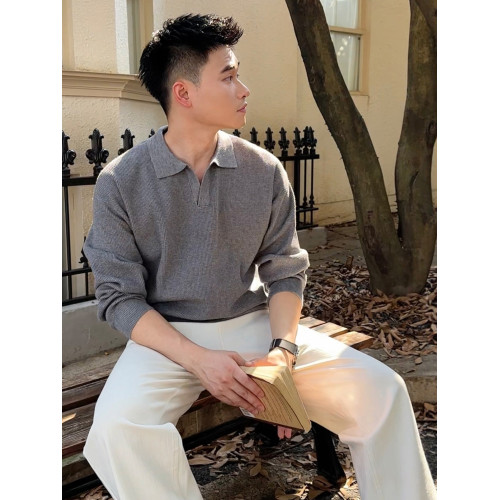 輕熟男士老錢松弛慵懶感紋理翻領針織長袖毛衣秋冬純色POLO衫線衣